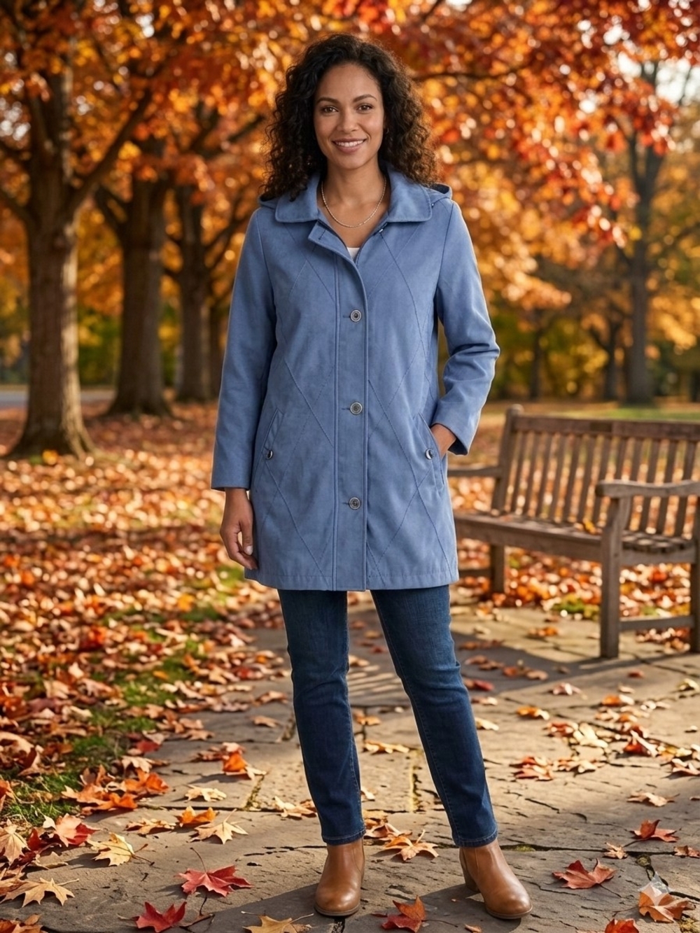 Vintage 90s Fen-nelli Blue Hooded Quilted Trench Coat Gorpcore Casual Chic 5 / 6